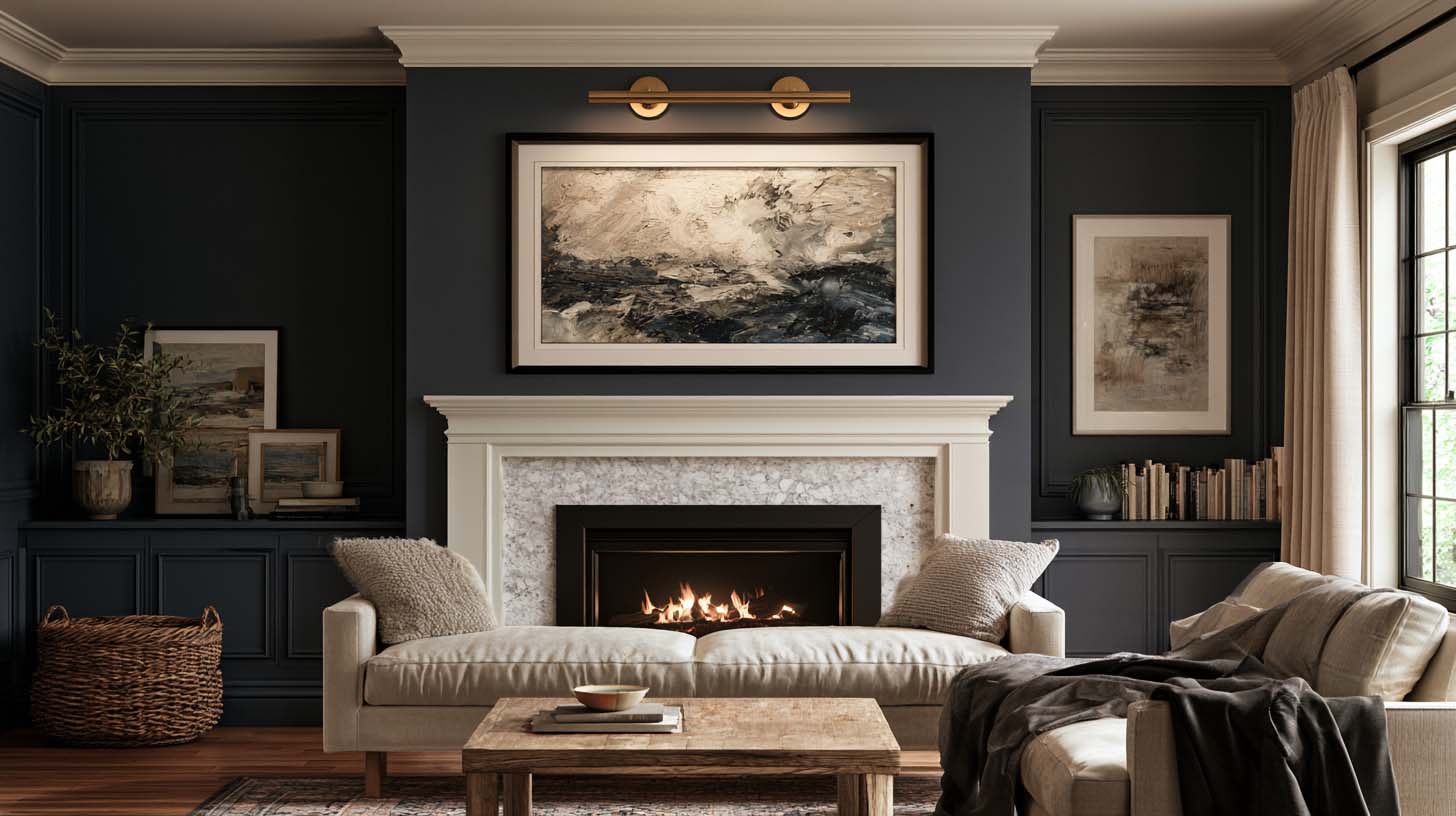 Brass picture light illuminating framed artwork above a fireplace Brass picture light illuminating framed artwork above a fireplace