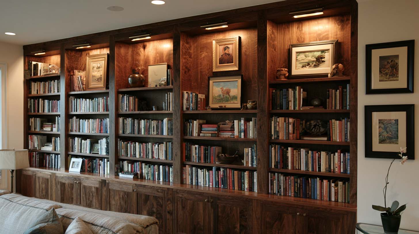 Picture lights mounted above custom walnut bookshelves Picture lights mounted above custom walnut bookshelves