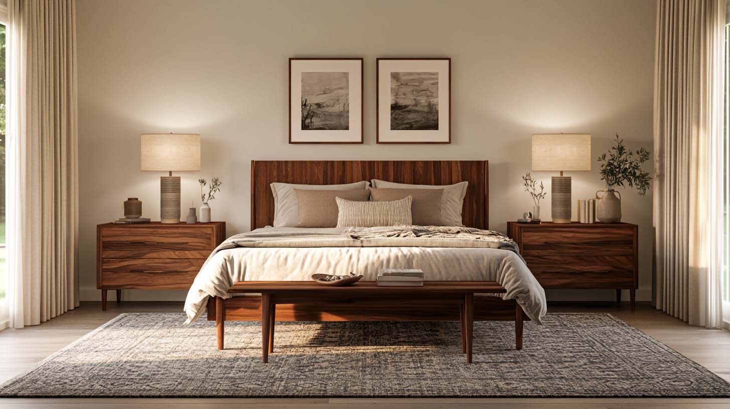 Bedroom with properly proportioned area rug extending beyond the bed Bedroom with properly proportioned area rug extending beyond the bed