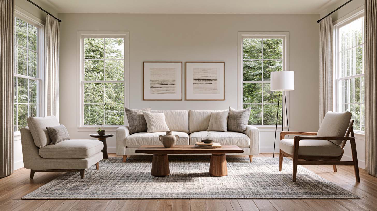 Living room demonstrating correct rug size beneath seating arrangement Living room demonstrating correct rug size beneath seating arrangement