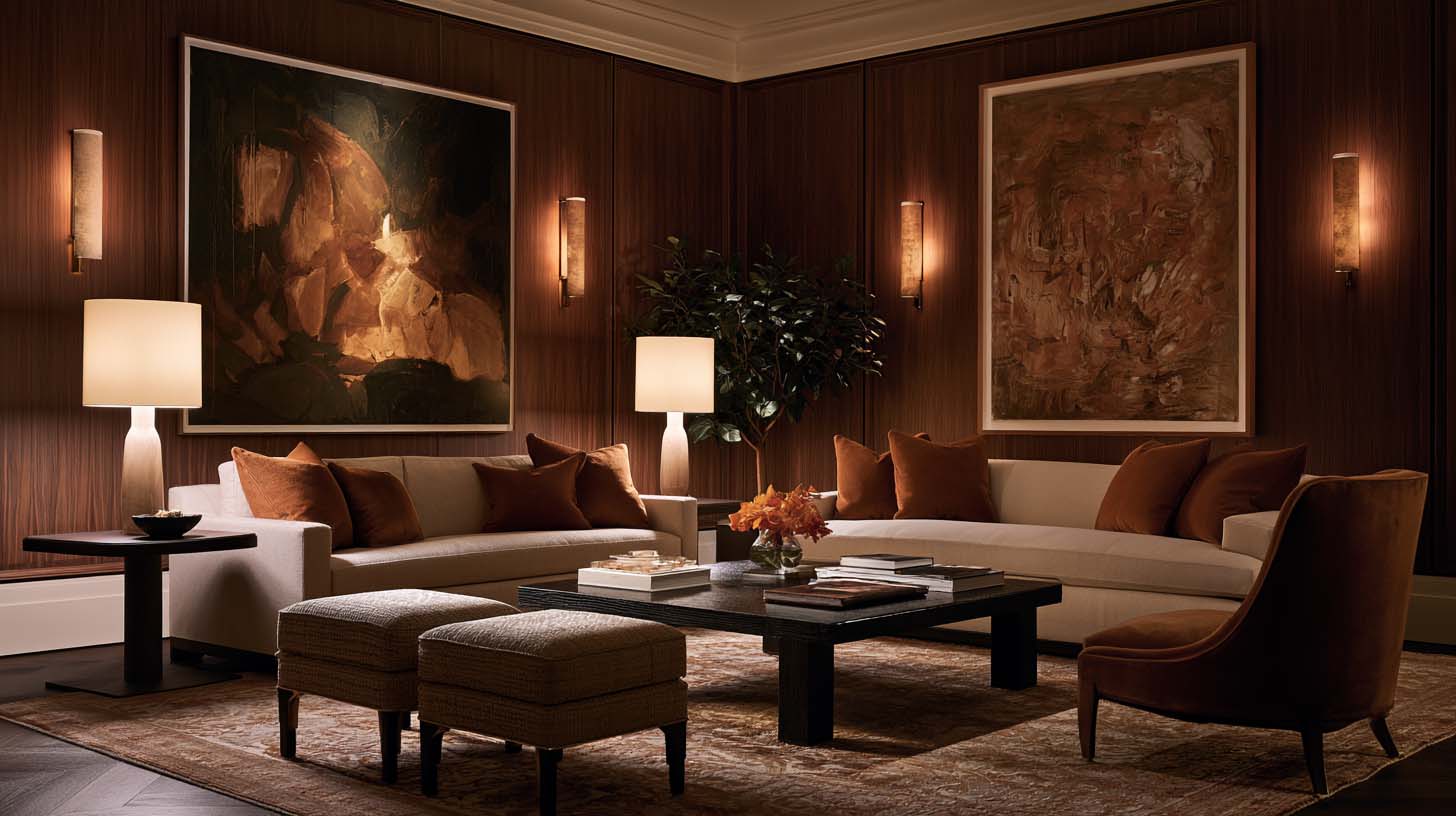 Living room demonstrating layered lighting with table lamps and sconces Living room demonstrating layered lighting with table lamps and sconces