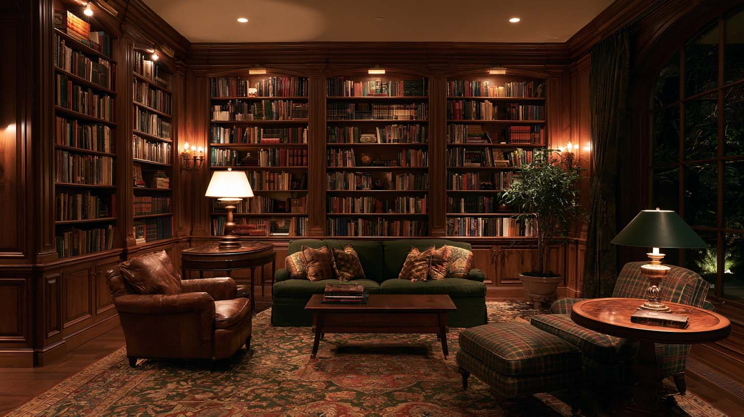 Library with ambient, accent, and decorative lighting Library with ambient, accent, and decorative lighting