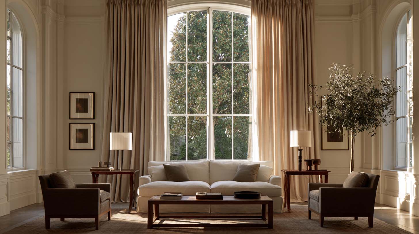 High-mounted full-length curtains making a living room window look taller High-mounted full-length curtains making a living room window look taller
