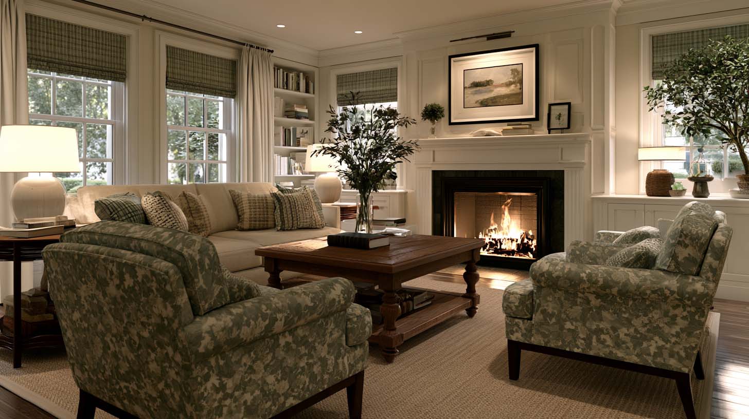 Furniture arrangement around fireplace with sofa and chairs creating a conversation area Furniture arrangement around fireplace with sofa and chairs creating a conversation area