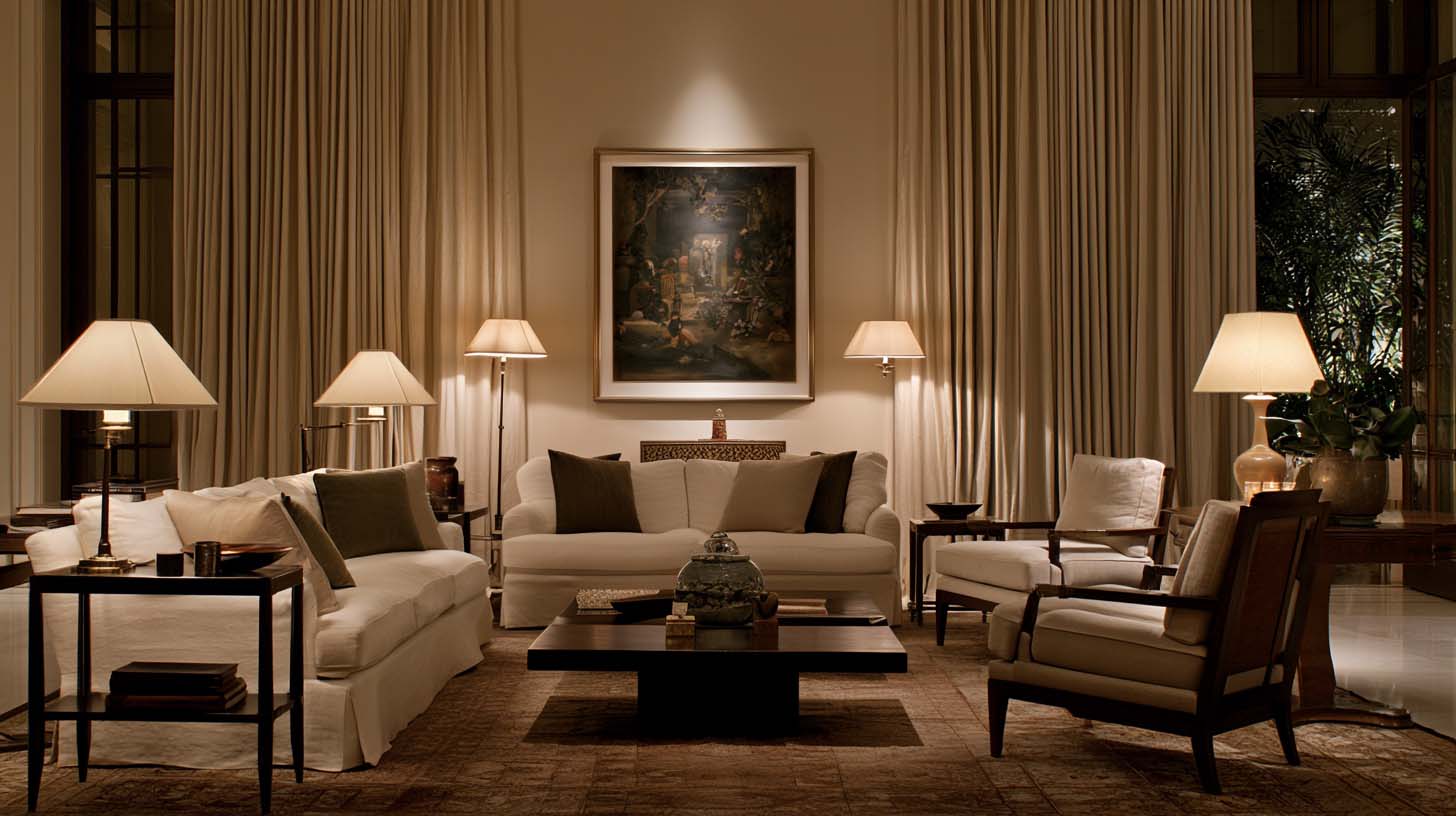 Cozy living room with intimate furniture arrangement and layered lighting Cozy living room with intimate furniture arrangement and layered lighting