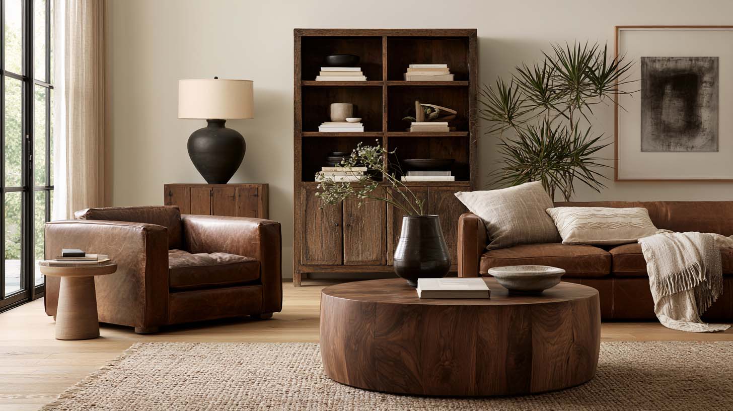 Living room demonstrating how to mix wood tones with oak floors and walnut furniture Living room demonstrating how to mix wood tones with oak floors and walnut furniture