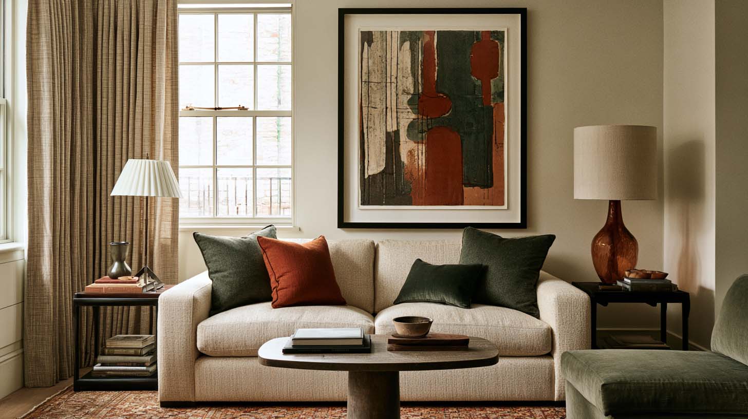Finished living room showing how lamps, artwork, curtains, and secondary furniture fill visual gaps Finished living room showing how lamps, artwork, curtains, and secondary furniture fill visual gaps