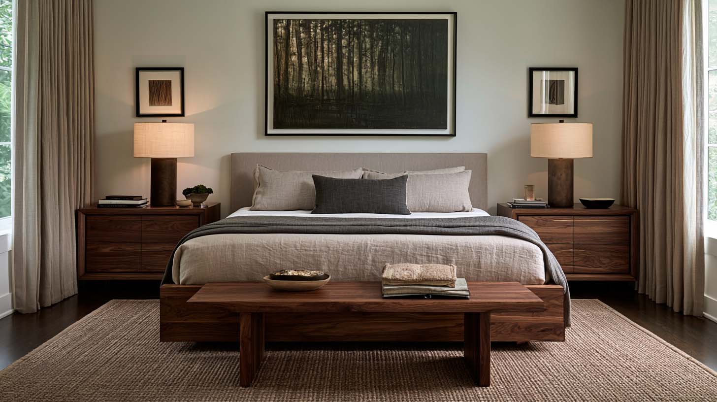 Masculine bedroom ideas with a substantial bed, linen bedding, a wool rug and bedside lamps Masculine bedroom ideas with a substantial bed, linen bedding, a wool rug and bedside lamps