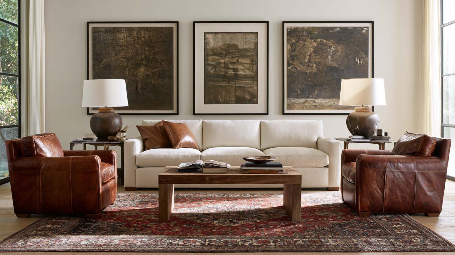 Sophisticated masculine living room ideas with leather chairs, walnut furniture and a Persian rug Sophisticated masculine living room ideas with leather chairs, walnut furniture and a Persian rug