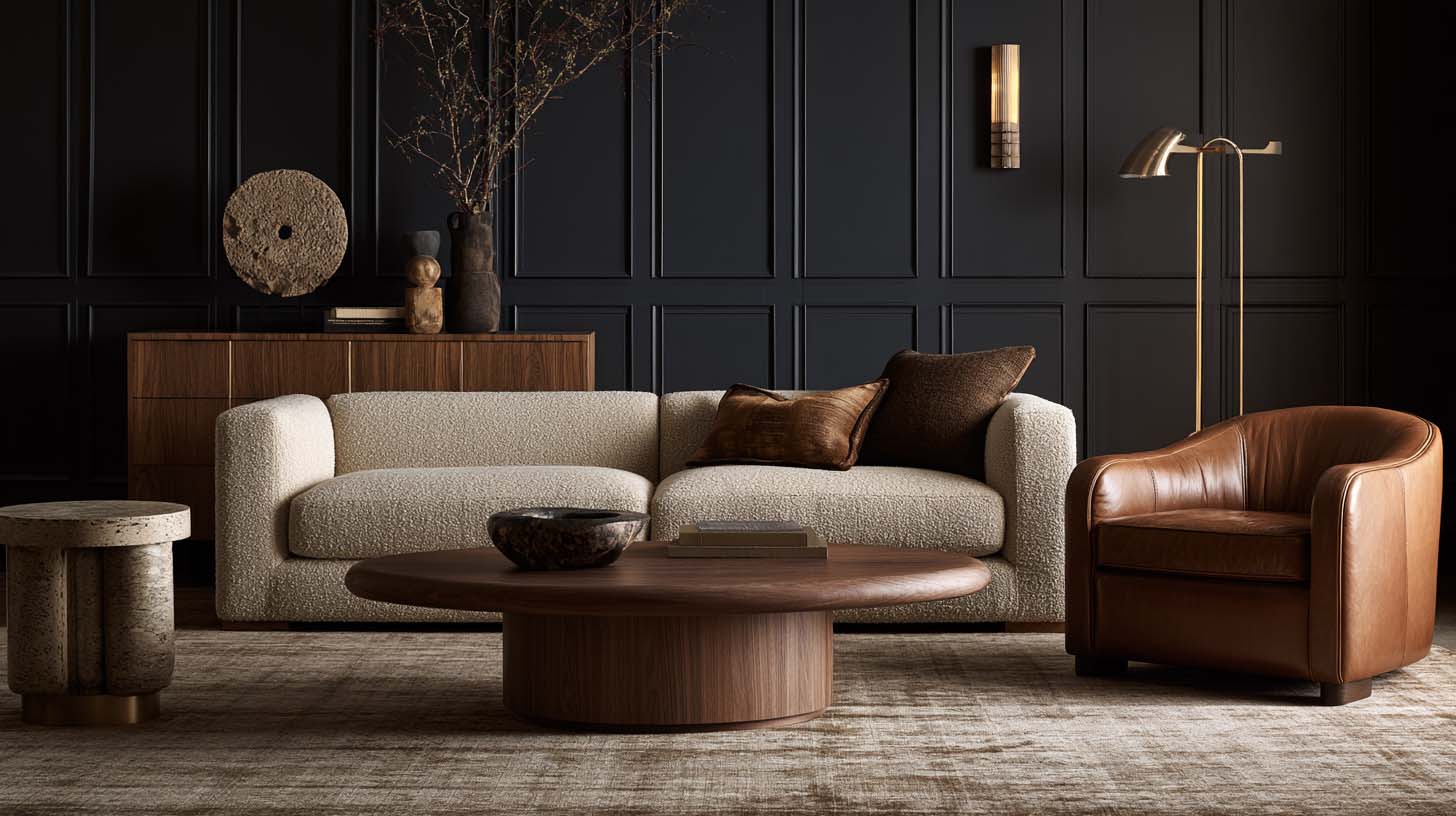 Masculine furniture with walnut leather wool and substantial furniture silhouettes Masculine furniture with walnut leather wool and substantial furniture silhouettes