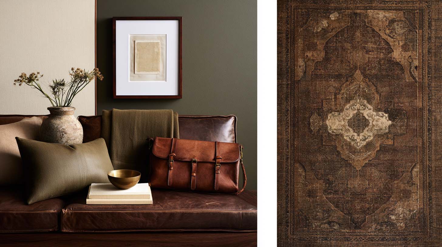 Masculine color palette with walnut olive cognac leather cream and aged brass Masculine color palette with walnut olive cognac leather cream and aged brass