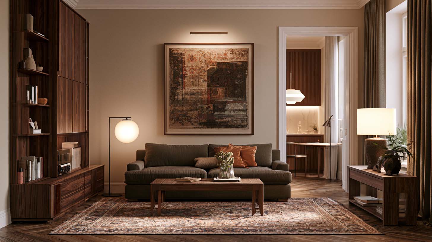 Small masculine apartment with fewer, stronger furniture pieces and vertical storage