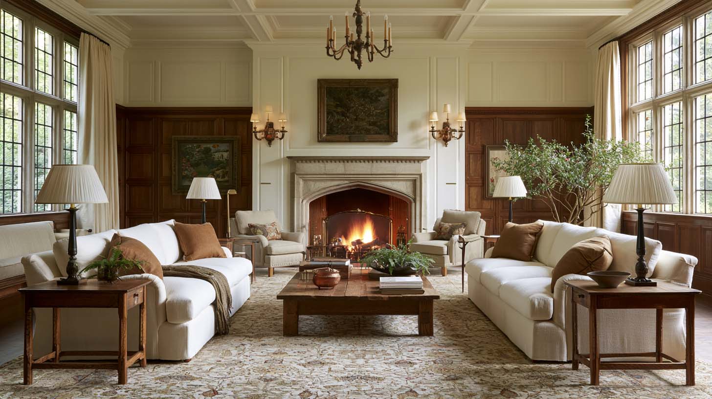 Two sofas arranged around a fireplace for balanced seating Two sofas arranged around a fireplace for balanced seating