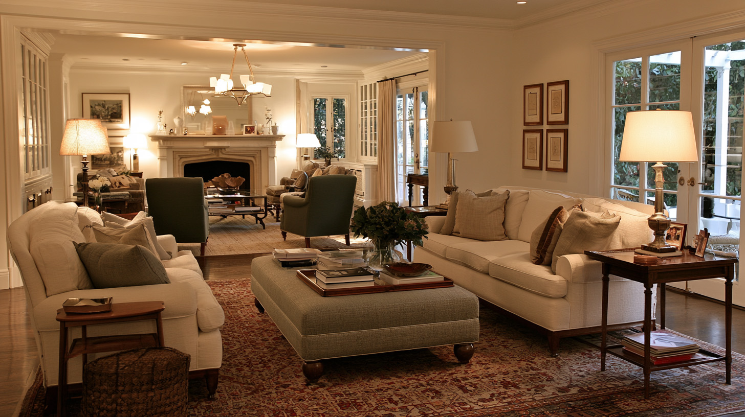 Large living room with intimate furniture arrangement and seating zones Large living room with intimate furniture arrangement and seating zones