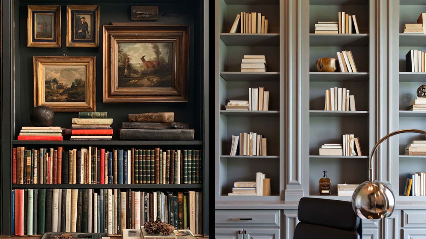 Collected bookshelf styling with books, art, and personal objects Collected bookshelf styling with books, art, and personal objects