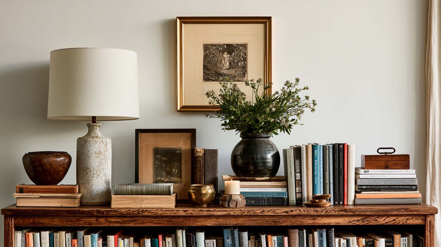 Personal collections and decor filling a room's visual gaps Personal collections and decor filling a room's visual gaps