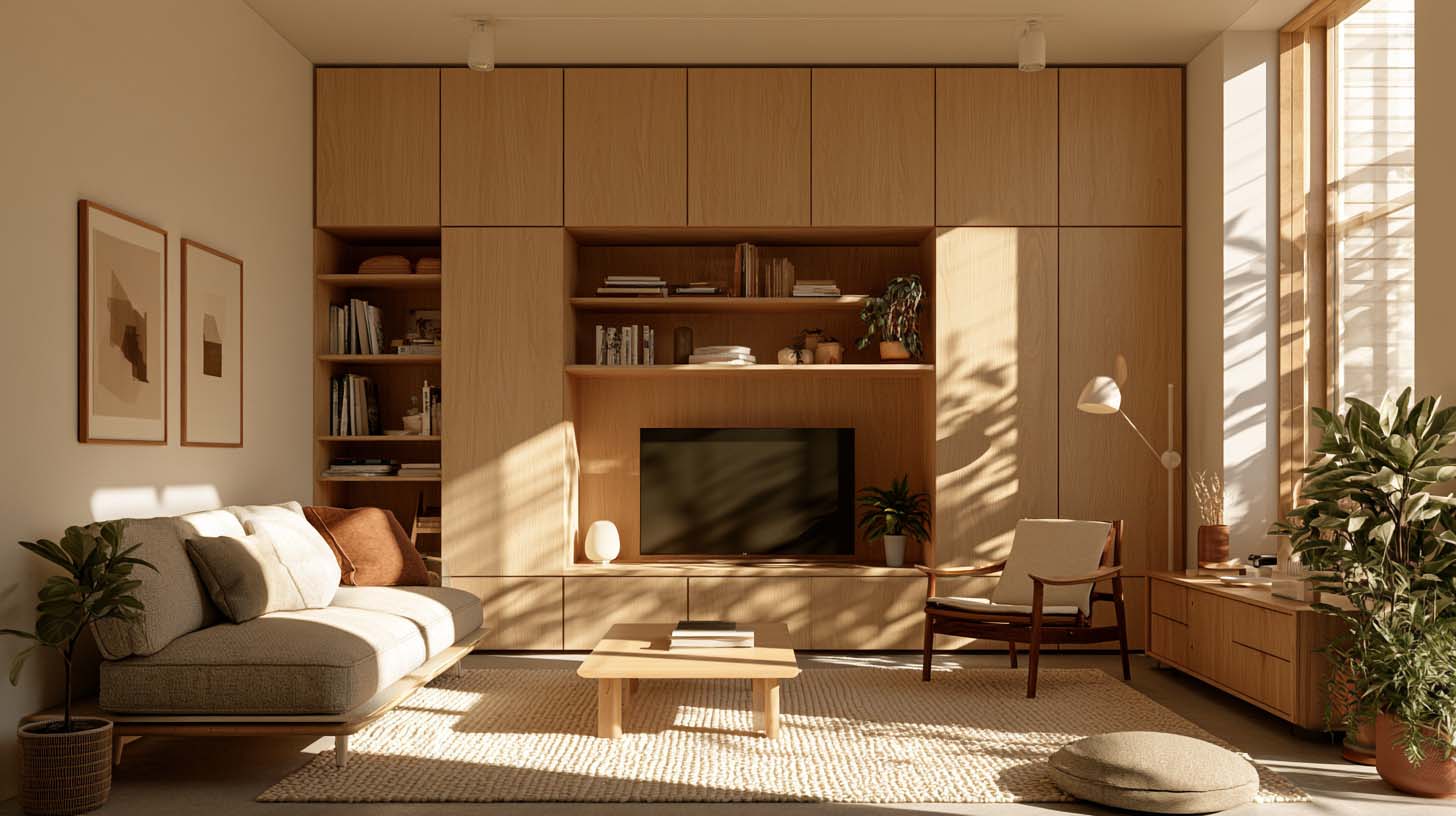 Small masculine apartment using vertical storage to maximize space