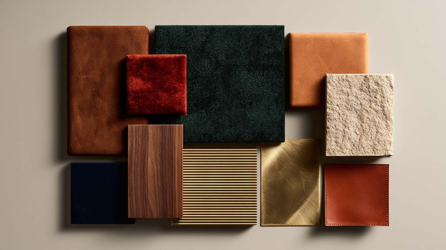 Masculine interior colors and material palette shown together Masculine interior colors and material palette shown together