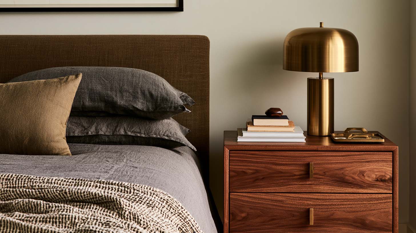 Masculine bedroom nightstand with layered lighting Masculine bedroom nightstand with layered lighting