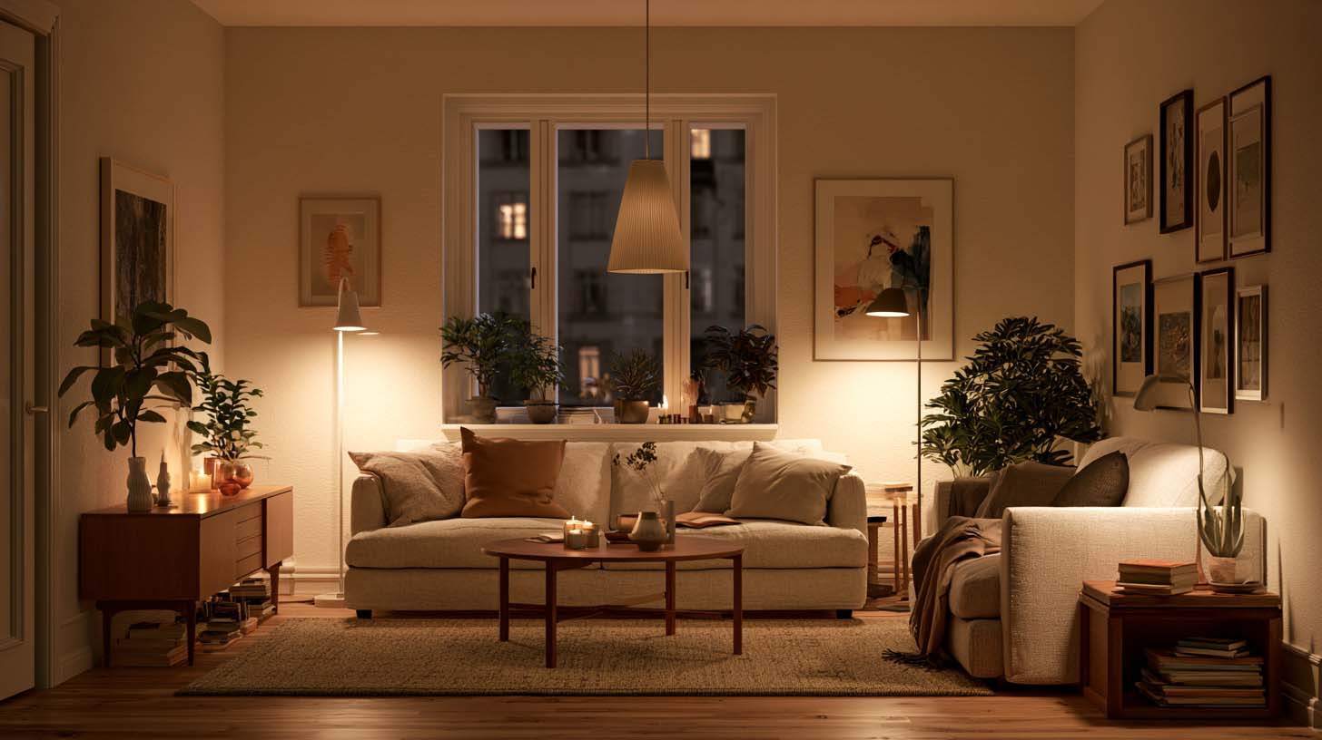 Masculine living room with layered lighting from lamps and sconces Masculine living room with layered lighting from lamps and sconces