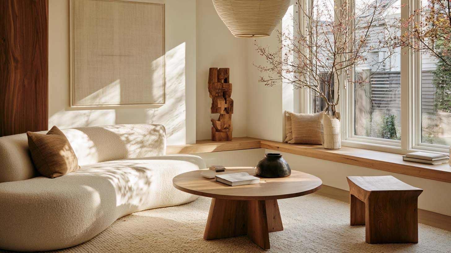 Contemporary masculine interior with curved furniture natural materials and layered texture