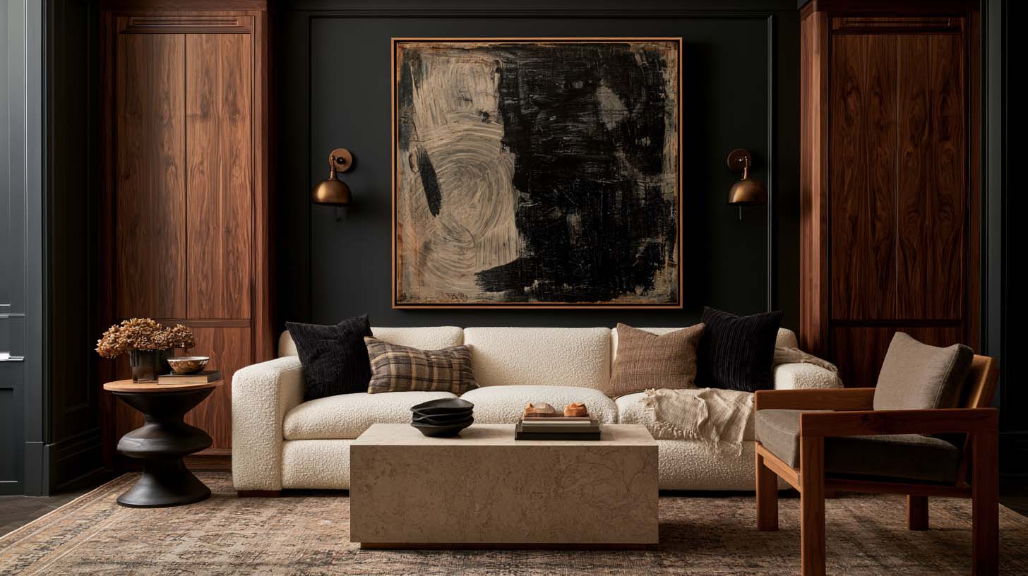Modern masculine interior design with walnut wool stone bronze and contemporary artwork