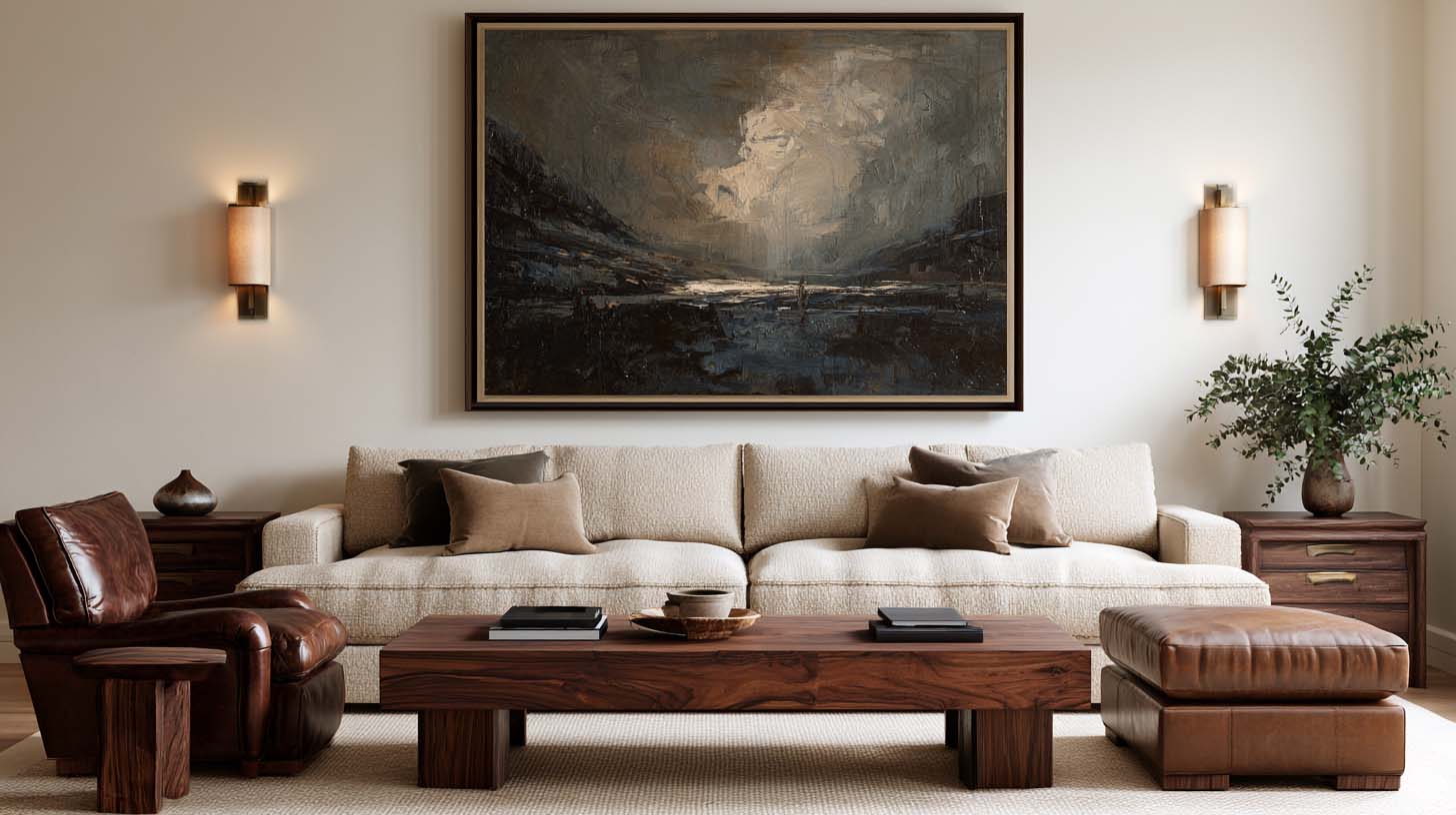 Masculine wall art with original landscape painting in a sophisticated masculine living room Masculine wall art with original landscape painting in a sophisticated masculine living room