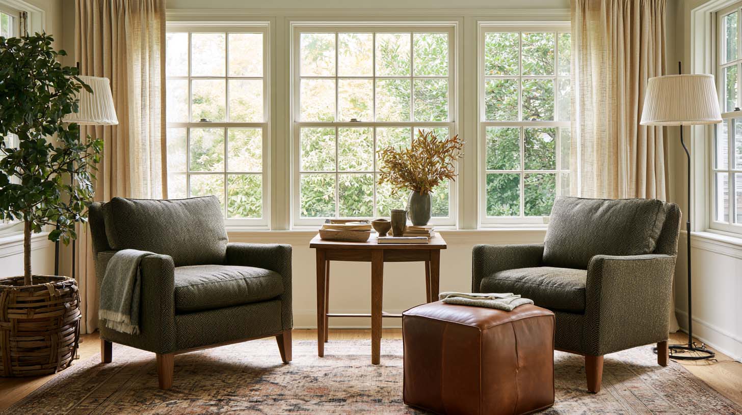 Masculine fabrics including olive wool linen curtains and leather in a cottage sunroom Masculine fabrics including olive wool linen curtains and leather in a cottage sunroom