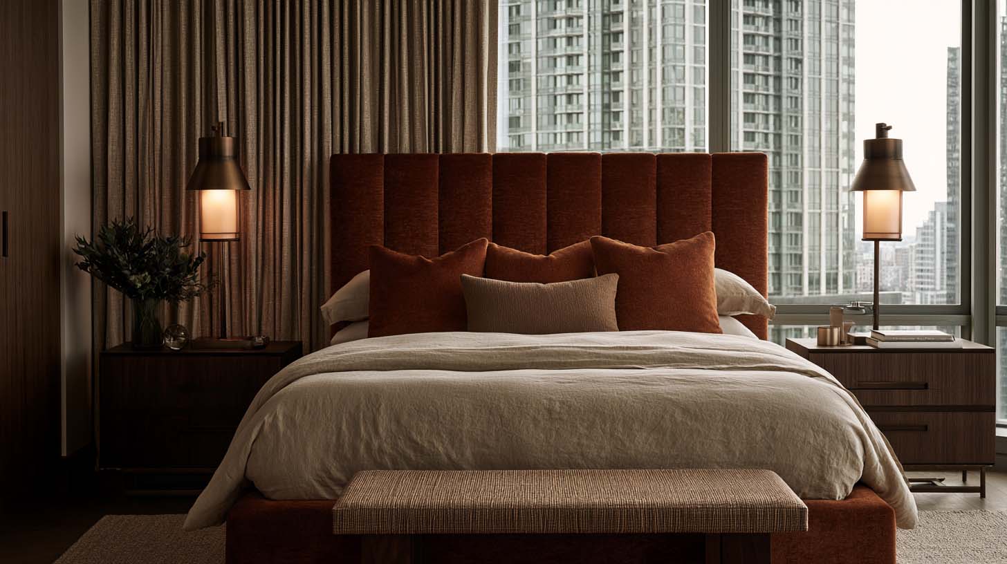 Masculine upholstery fabric with rust mohair taupe wool and cotton in a luxury bedroom Masculine upholstery fabric with rust mohair taupe wool and cotton in a luxury bedroom
