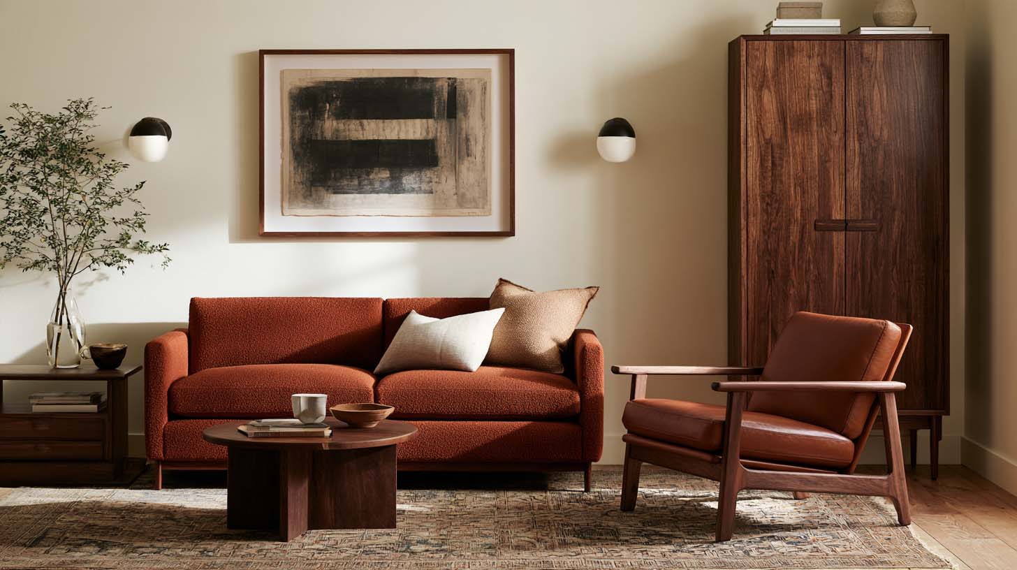 Small masculine living room with rust sofa walnut chair and properly scaled rug Small masculine living room with rust sofa walnut chair and properly scaled rug