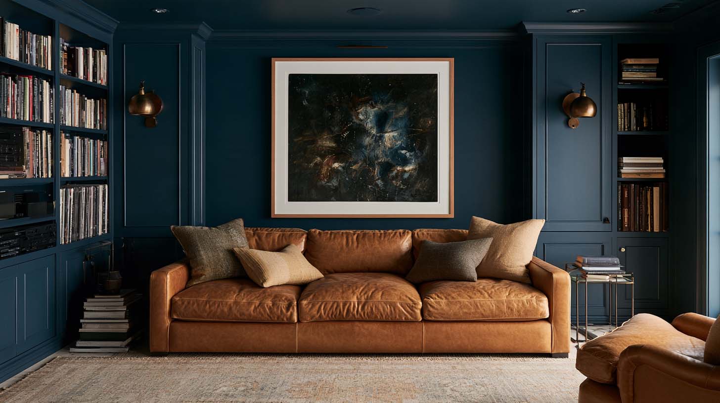 Masculine small living room with deep blue walls built-in storage and camel leather sofa Masculine small living room with deep blue walls built-in storage and camel leather sofa