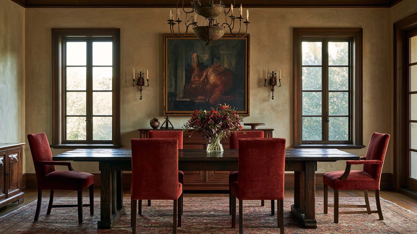 Luxury masculine interior design with oxblood wool dark oak bronze and original art Luxury masculine interior design with oxblood wool dark oak bronze and original art