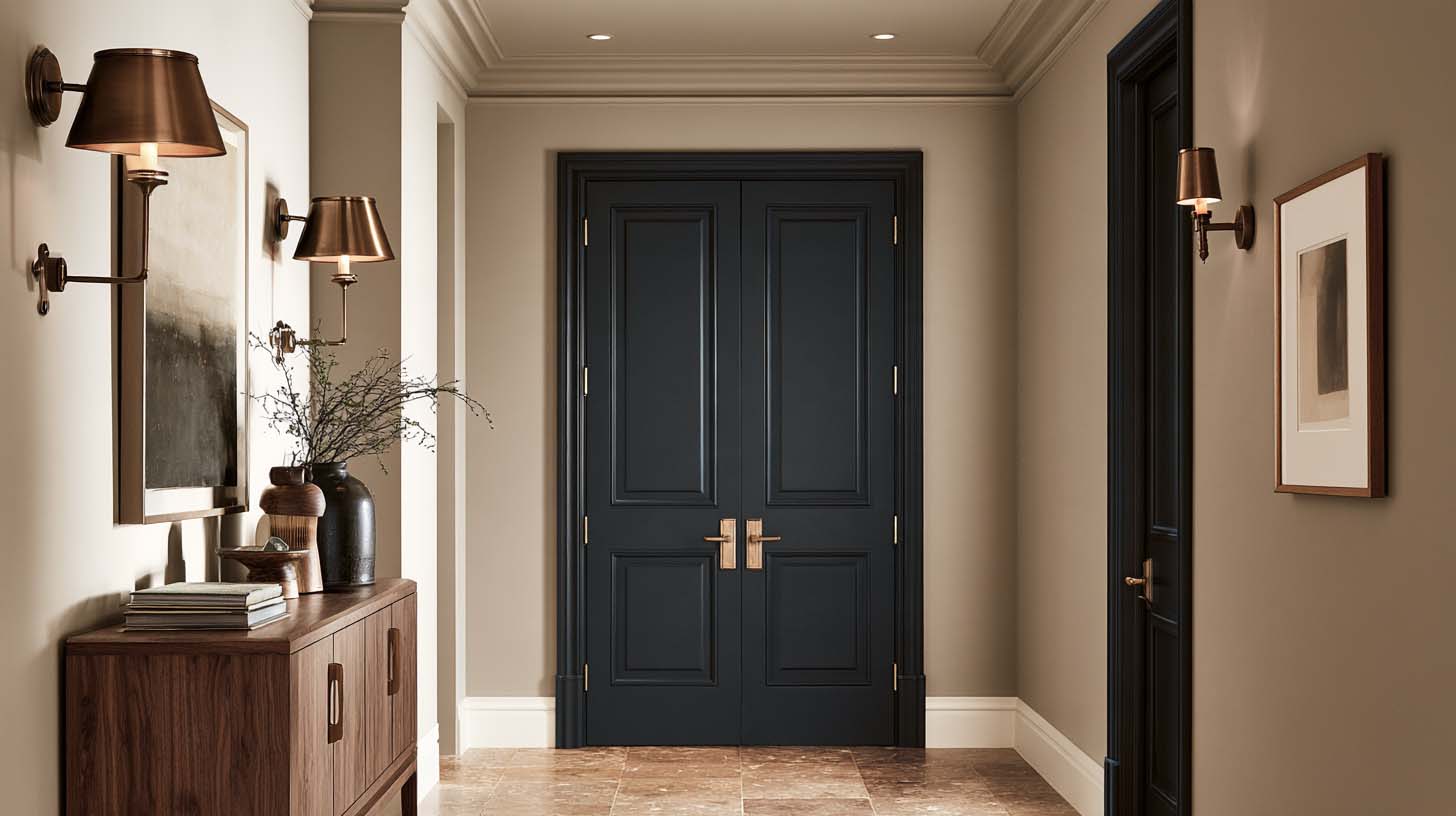 Masculine paint colors using mushroom walls deep blue accents walnut and bronze