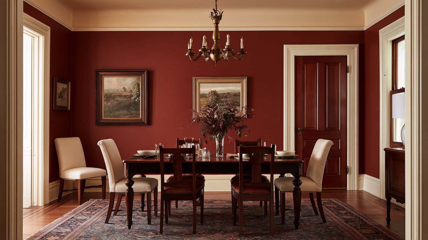 Masculine living room colors inspired by oxblood warm ivory dark wood and aged brass