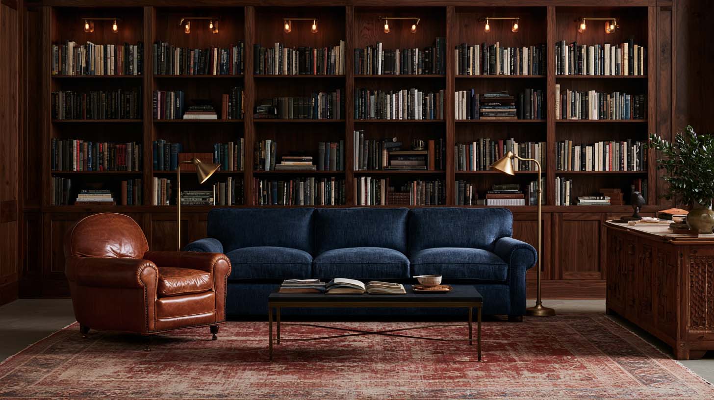 Masculine sofa in deep blue wool with tobacco leather and walnut in a home library