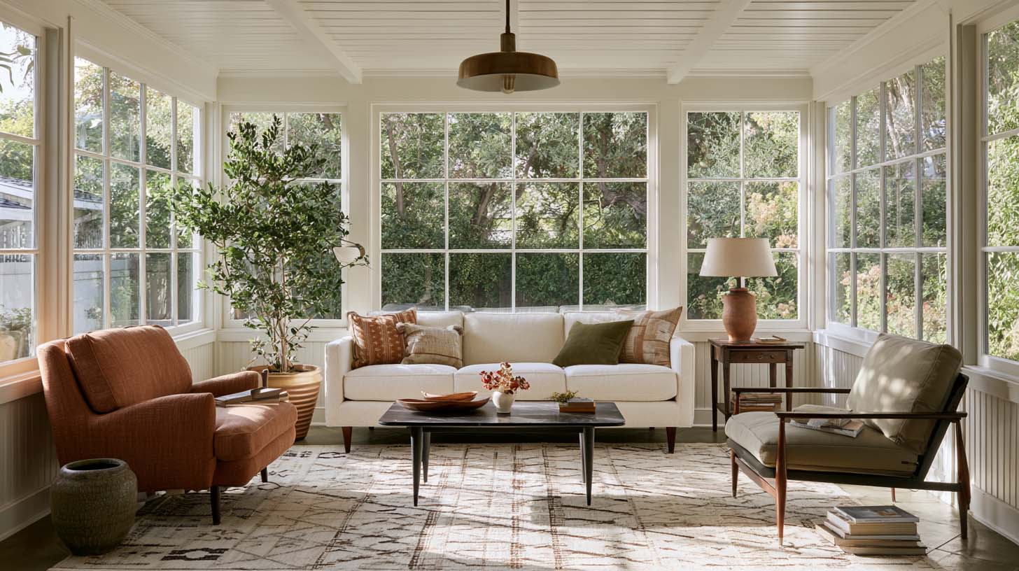 Masculine living room furniture with warm ivory track arm sofa and clay lounge chairs