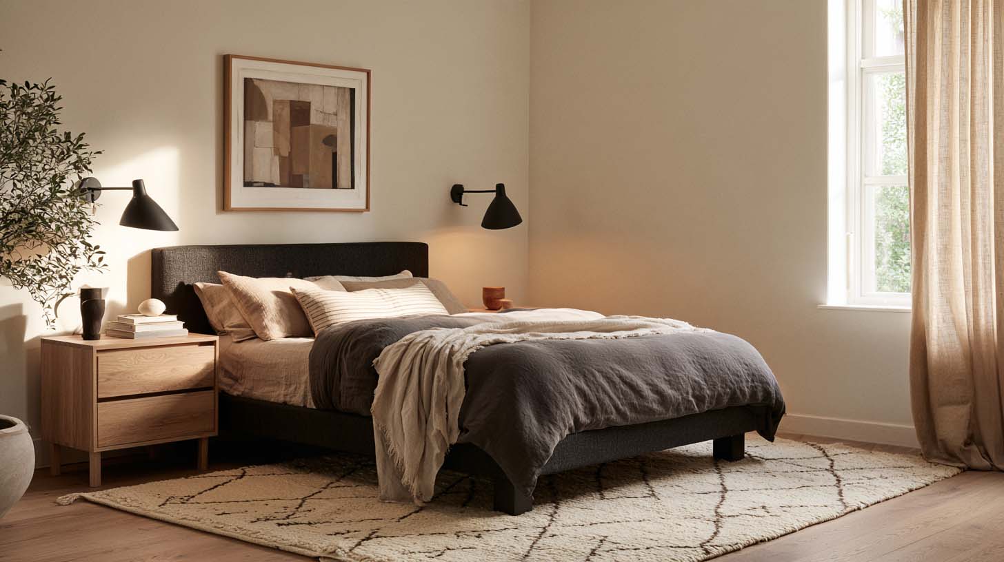 Rugs for men with cream Moroccan wool rug in a slate Dark Scandinavian bedroom Rugs for men with cream Moroccan wool rug in a slate Dark Scandinavian bedroom