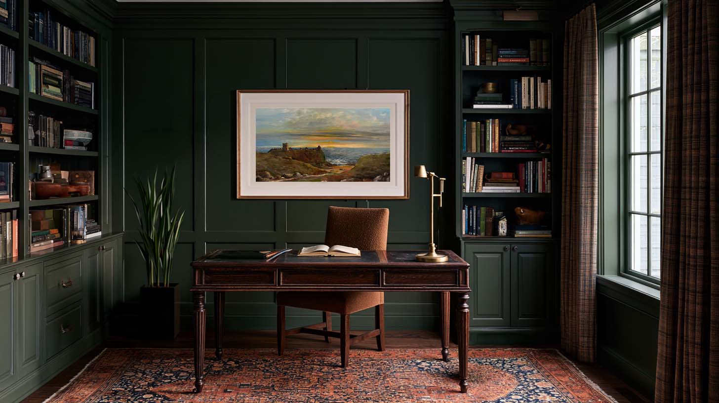 Masculine area rugs with faded Persian rug in a forest green home office Masculine area rugs with faded Persian rug in a forest green home office