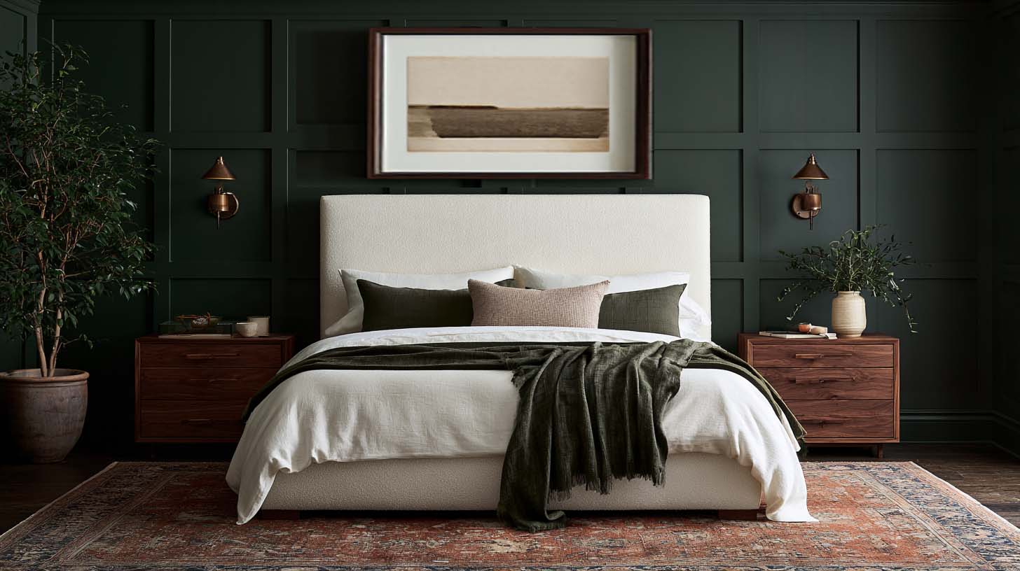 Masculine bed ideas with tall upholstered bed forest green walls and walnut nightstands Masculine bed ideas with tall upholstered bed forest green walls and walnut nightstands