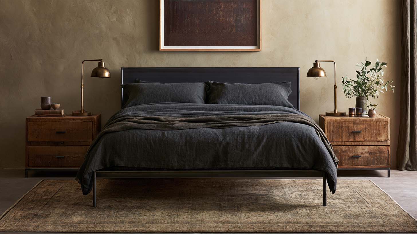 Masculine bed frame in blackened steel with clay walls and charcoal bedding Masculine bed frame in blackened steel with clay walls and charcoal bedding