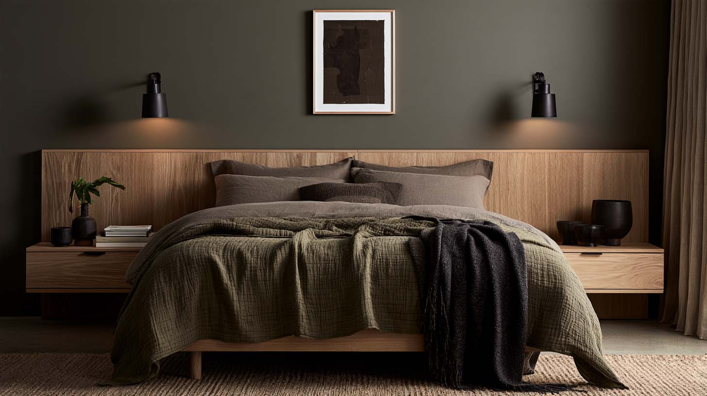 Bedding for men with taupe linen olive quilt and charcoal wool in a Scandinavian bedroom Bedding for men with taupe linen olive quilt and charcoal wool in a Scandinavian bedroom