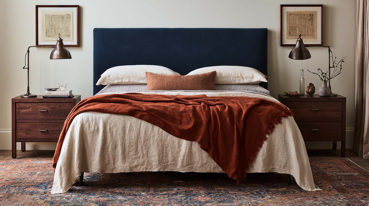 Masculine bedding with linen duvet rust wool blanket and striped sheets in a traditional bedroom Masculine bedding with linen duvet rust wool blanket and striped sheets in a traditional bedroom