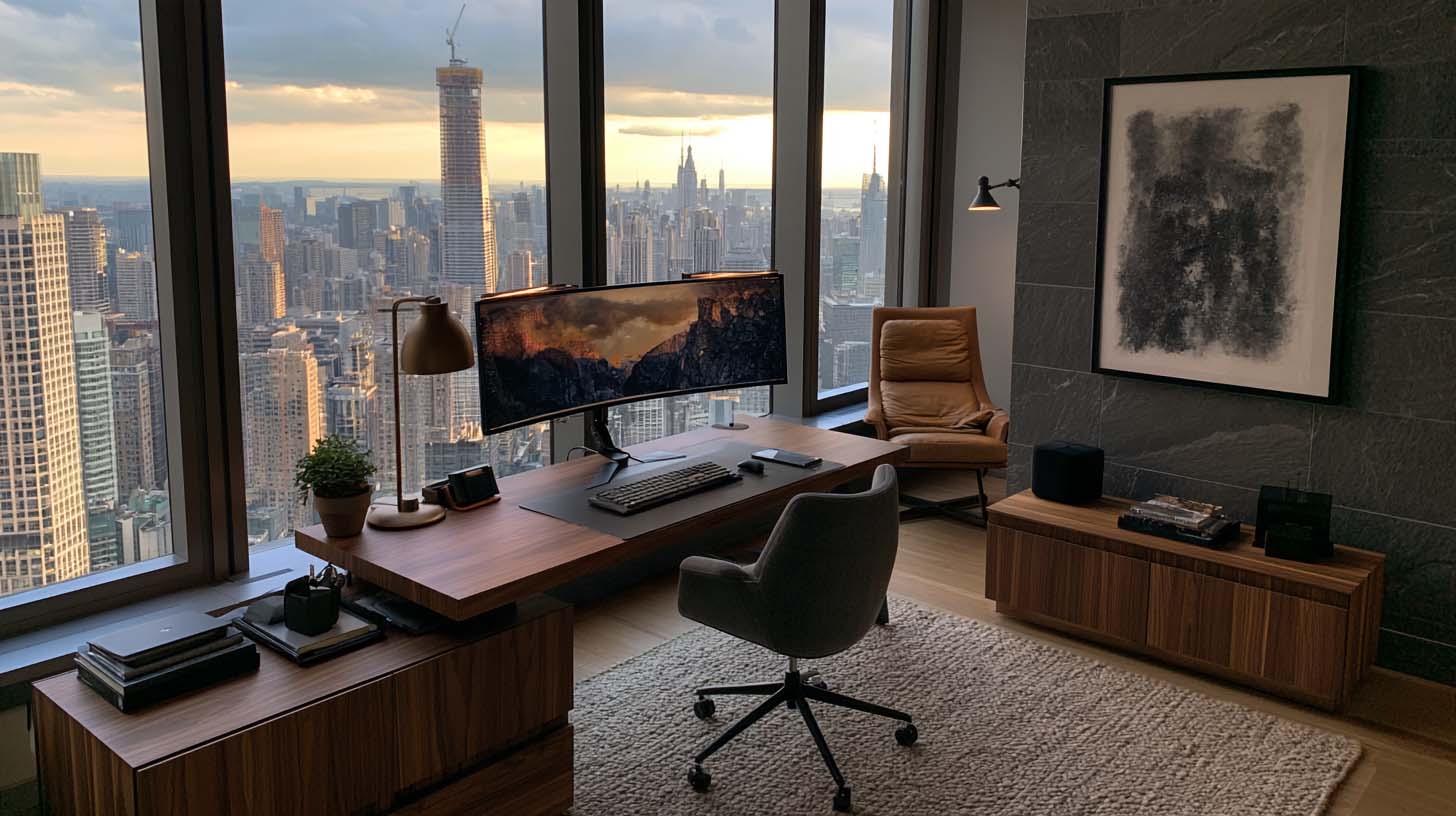 Desk for home office with modern walnut desk ultrawide monitor and bronze lighting Desk for home office with modern walnut desk ultrawide monitor and bronze lighting