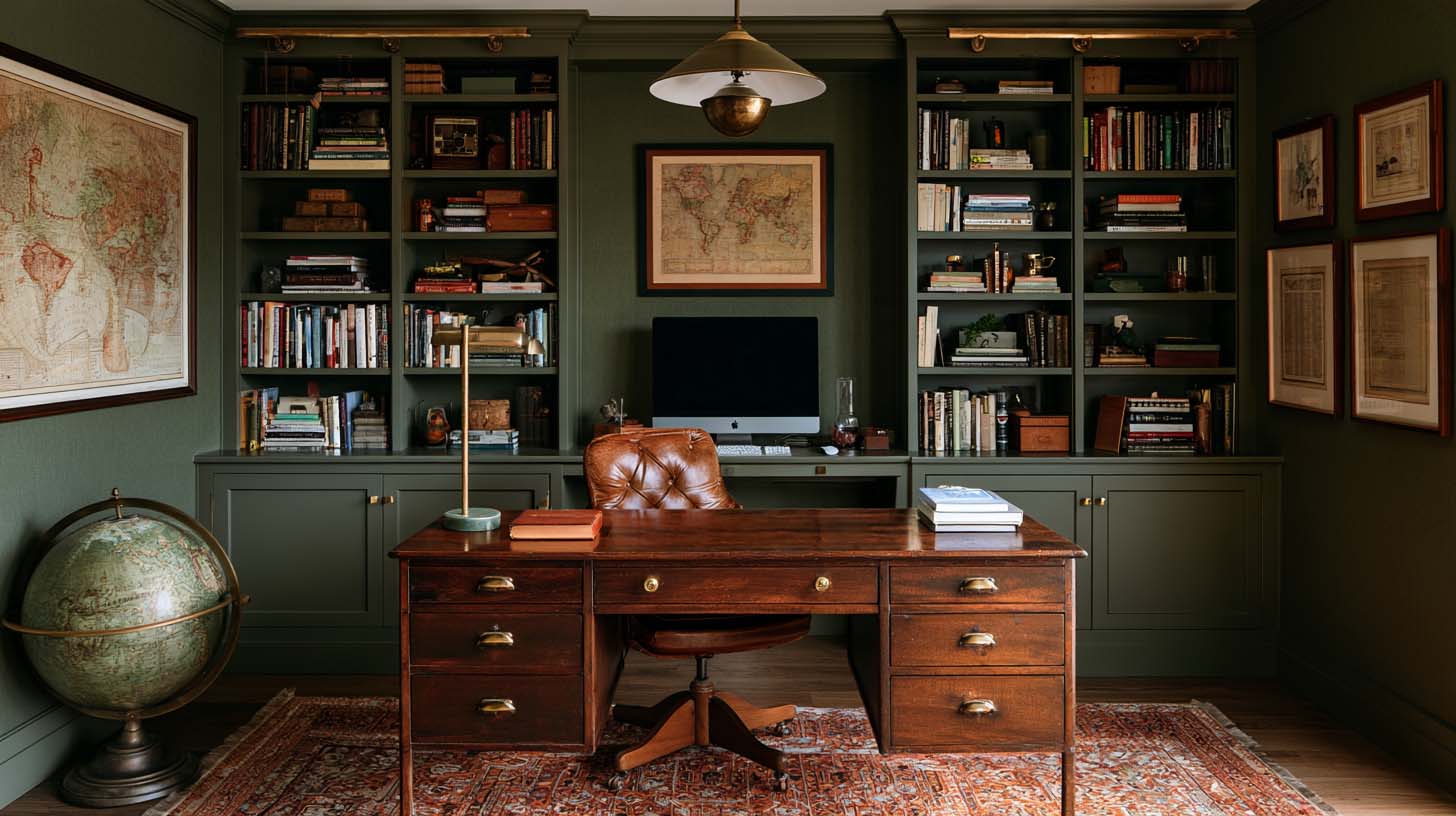 Masculine office desk in walnut with olive walls and collected home office furniture Masculine office desk in walnut with olive walls and collected home office furniture