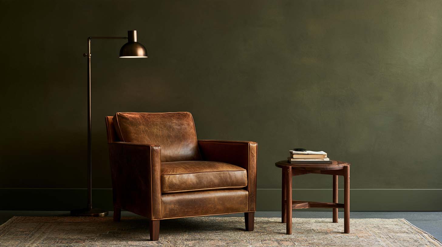 Tobacco leather chair in a masculine reading nook with warm lamp light Tobacco leather chair in a masculine reading nook with warm lamp light