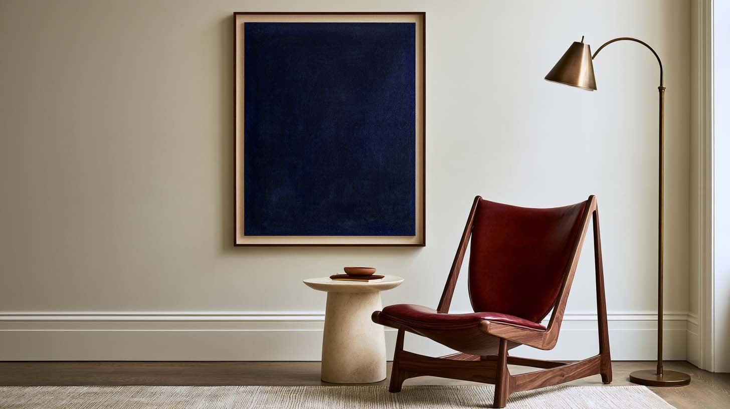 Masculine leather chair in an oxblood home office with dark walls and warm lighting Masculine leather chair in an oxblood home office with dark walls and warm lighting