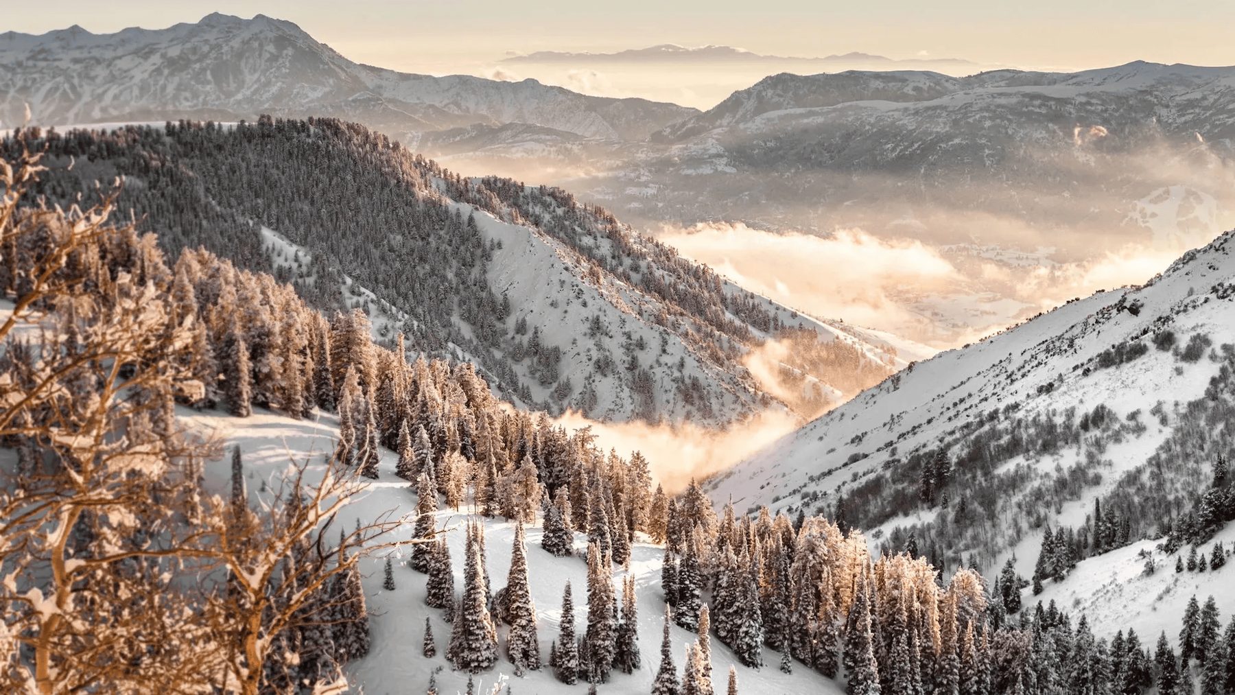 Snowy mountain valley at golden hour