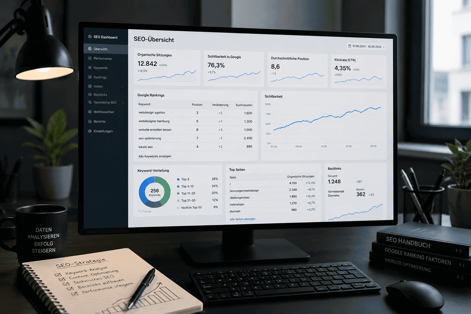 SEO-Dashboard mit Google-Rankings, Sichtbarkeit und Website-Performance