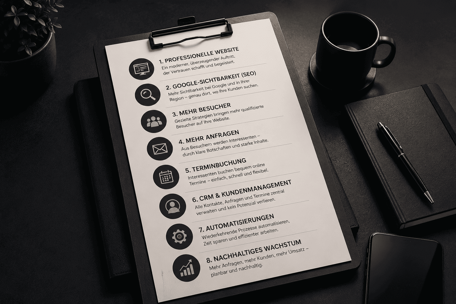 Klemmbrett mit den Schritten professionelle Website, Google-Sichtbarkeit, Besucher, Kundenanfragen, Terminbuchung, CRM, Automatisierungen und nachhaltiges Wachstum