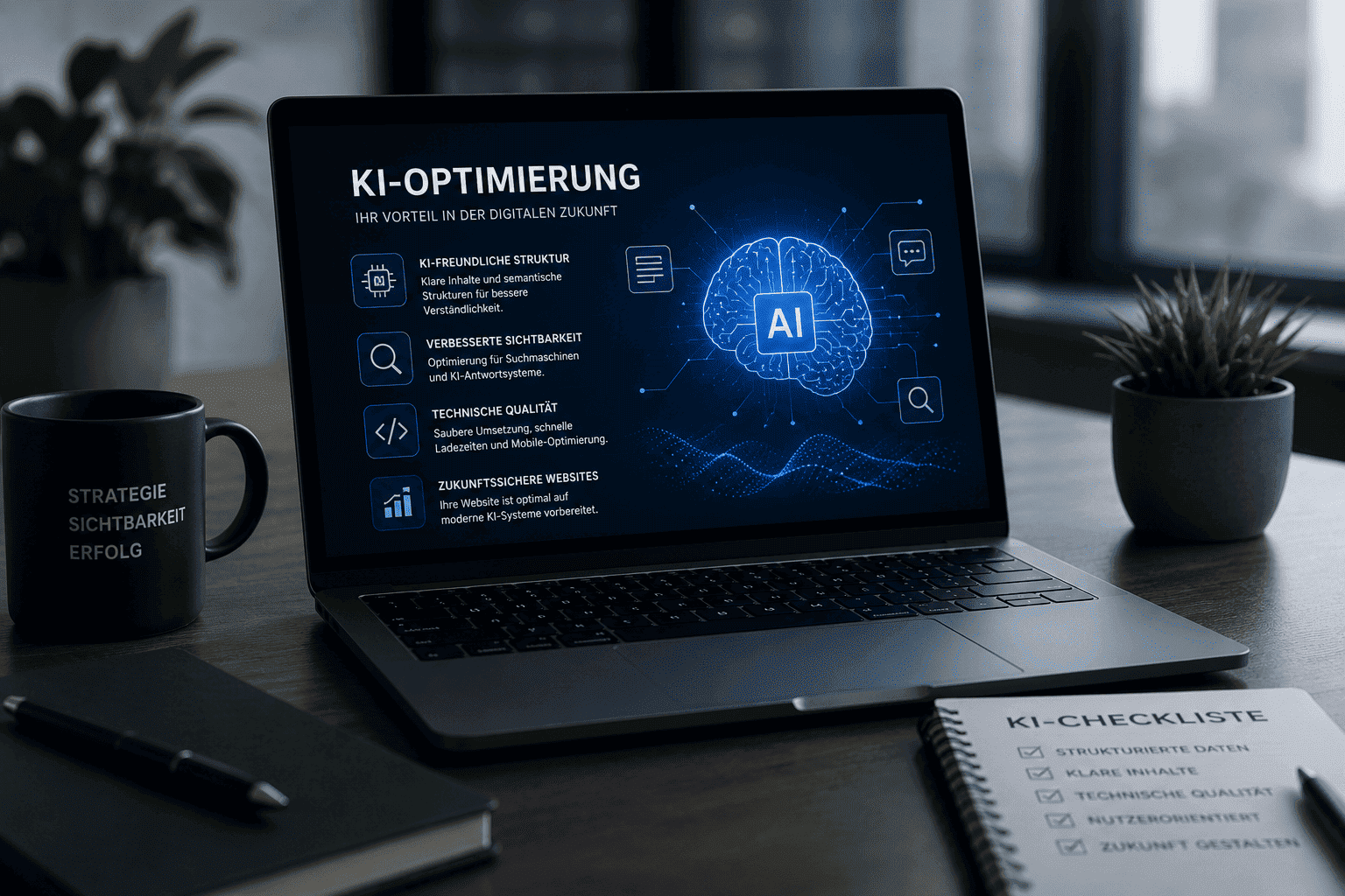 Laptop mit Darstellung einer KI-Optimierung für klar strukturierte und technisch saubere Websites